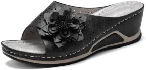 3D Floral Cutout Women's Leather Soft Insole Orthopedic Arch Support Sandals, Retro Bohemian Wedge Slippers, Suede Moccasins.
