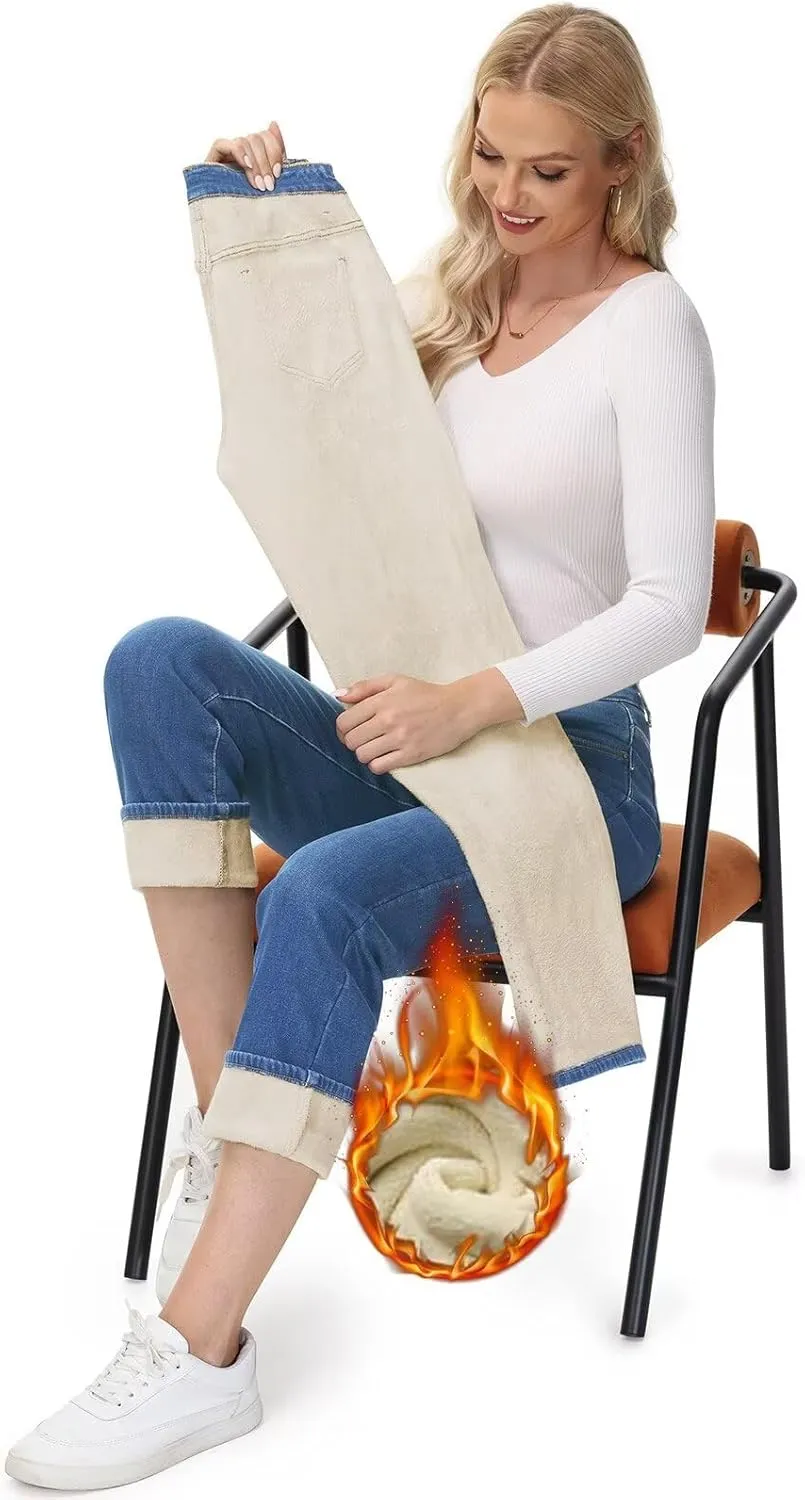 AMRSPENG Women's Fleece Lined Jeans Women Straight Leg Jeans Winter High Waisted Fleece Lined Denim Pants