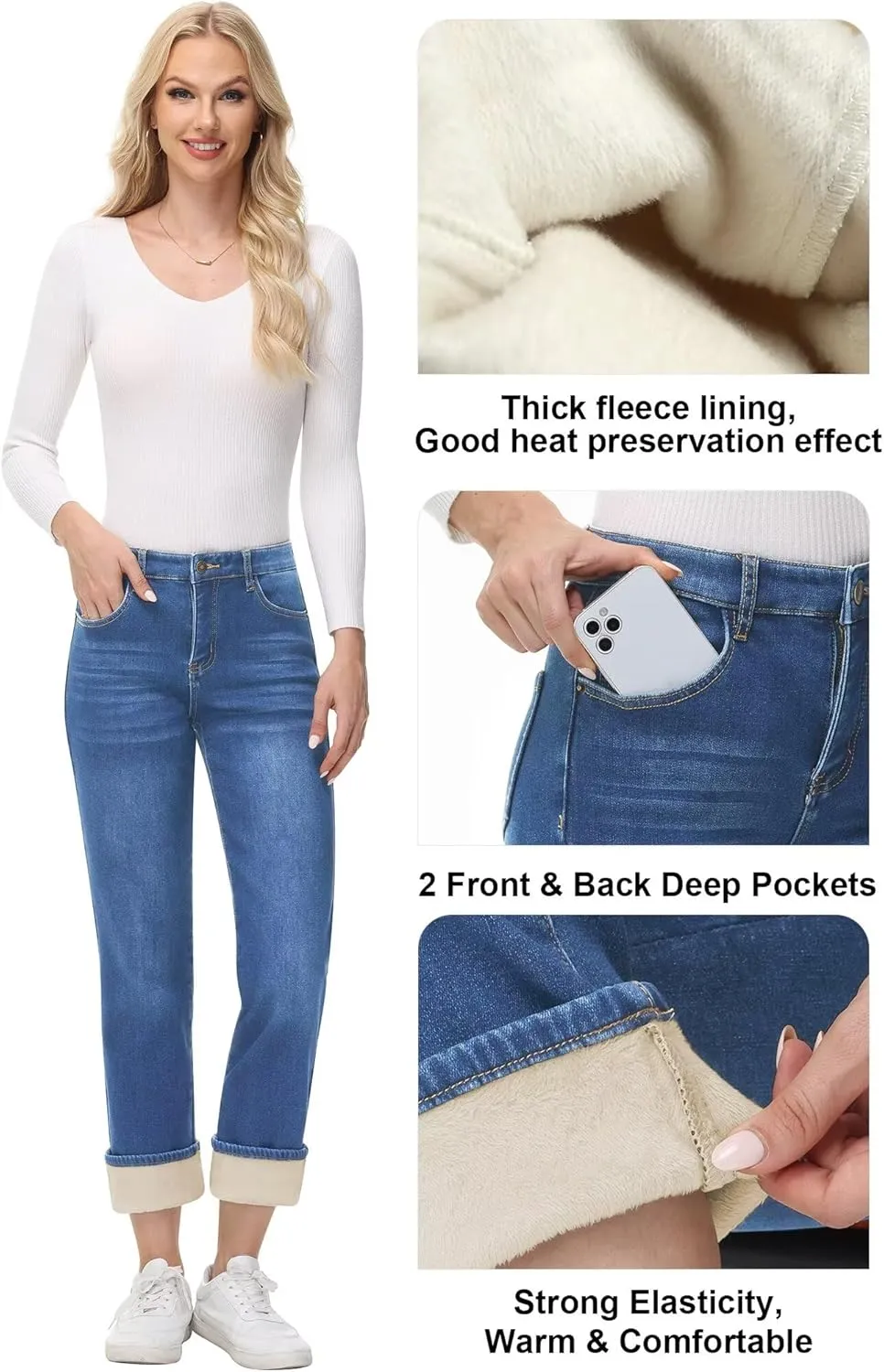 AMRSPENG Women's Fleece Lined Jeans Women Straight Leg Jeans Winter High Waisted Fleece Lined Denim Pants