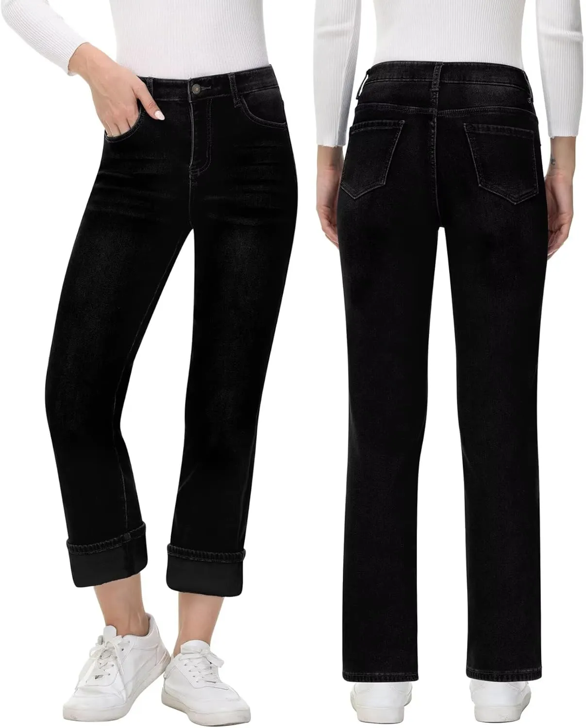 AMRSPENG Women's Fleece Lined Jeans Women Straight Leg Jeans Winter High Waisted Fleece Lined Denim Pants