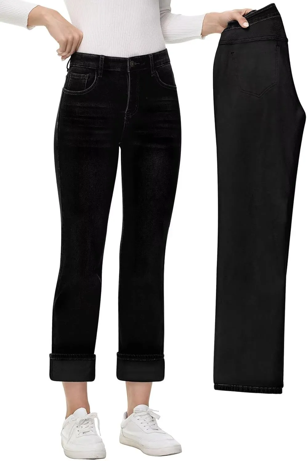 AMRSPENG Women's Fleece Lined Jeans Women Straight Leg Jeans Winter High Waisted Fleece Lined Denim Pants