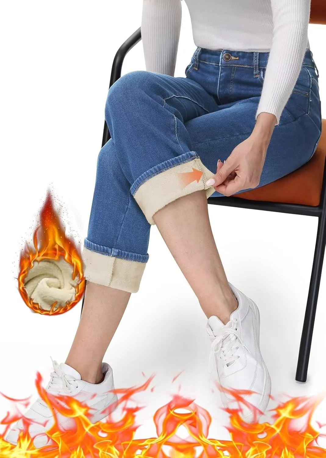 AMRSPENG Women's Fleece Lined Jeans Women Straight Leg Jeans Winter High Waisted Fleece Lined Denim Pants