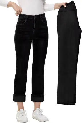AMRSPENG Women's Fleece Lined Jeans Women Straight Leg Jeans Winter High Waisted Fleece Lined Denim Pants