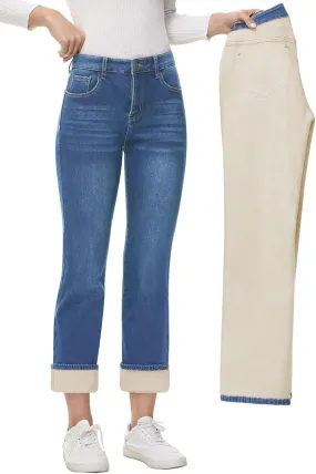 AMRSPENG Women's Fleece Lined Jeans Women Straight Leg Jeans Winter High Waisted Fleece Lined Denim Pants