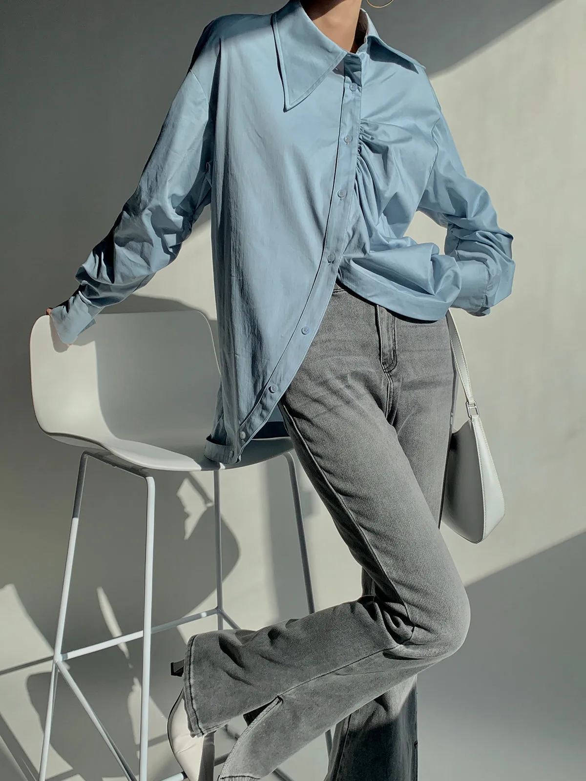 Blue Cotton Sharp Collar Blouse