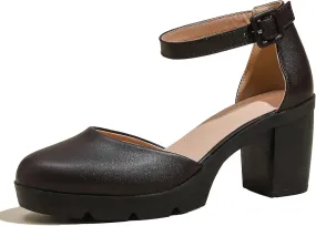 DADAWEN Women's Closed Toe Low Block Chunky Heels Round Toe Ankle Strap Wedding Work Dress Pump Shoes