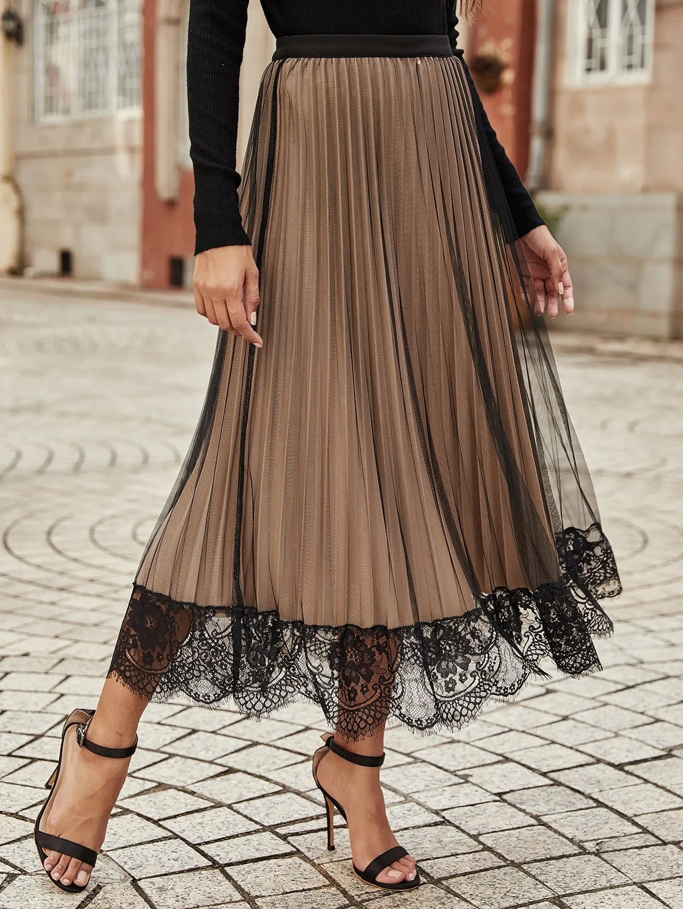 Elegant Colorblock Contrast Lace High Waist Long Women Skirts
