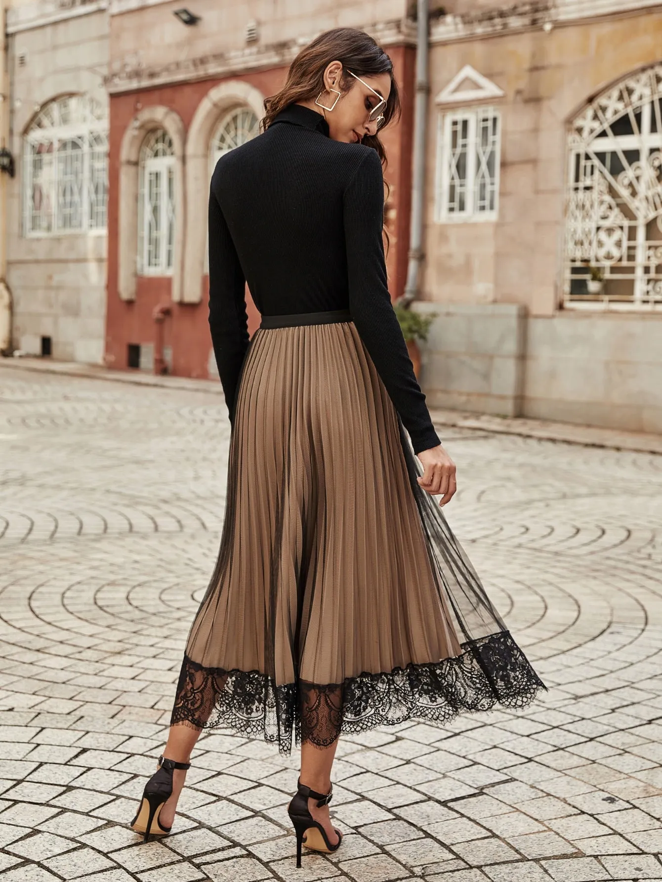 Elegant Colorblock Contrast Lace High Waist Long Women Skirts