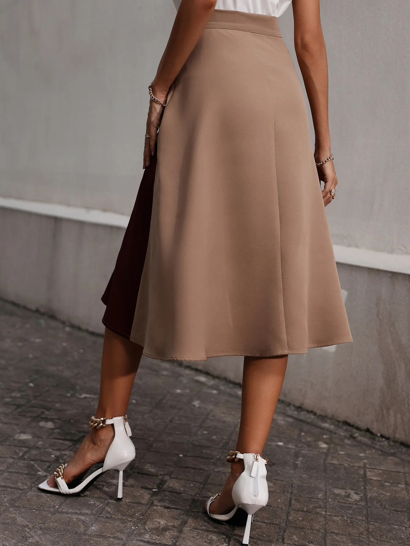 Elegant Colorblock High Waist Midi Women Skirt