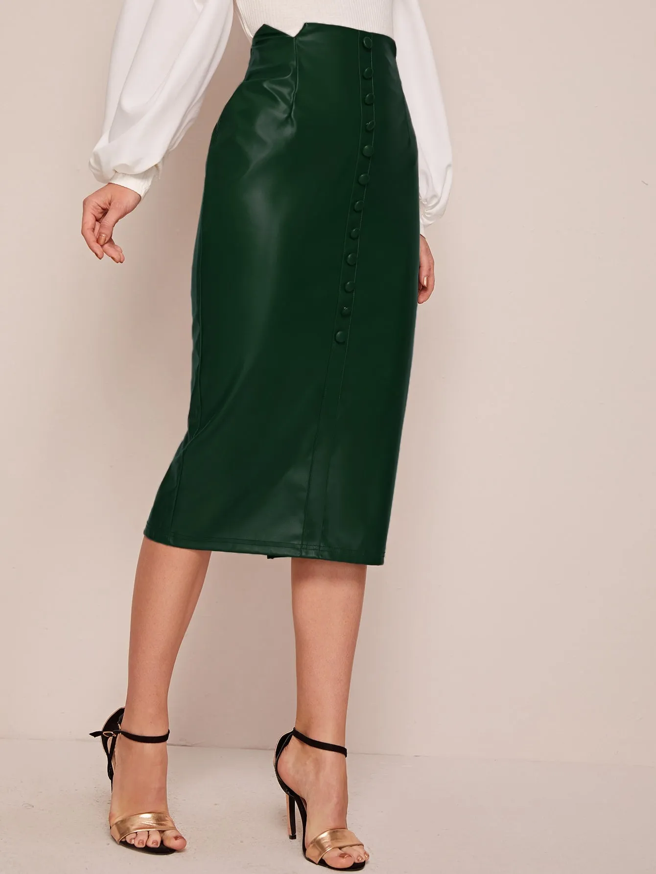 Elegant Plain Button Front High Waist Midi Women Skirts
