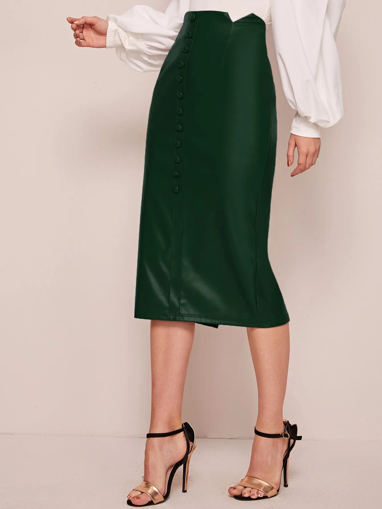 Elegant Plain Button Front High Waist Midi Women Skirts