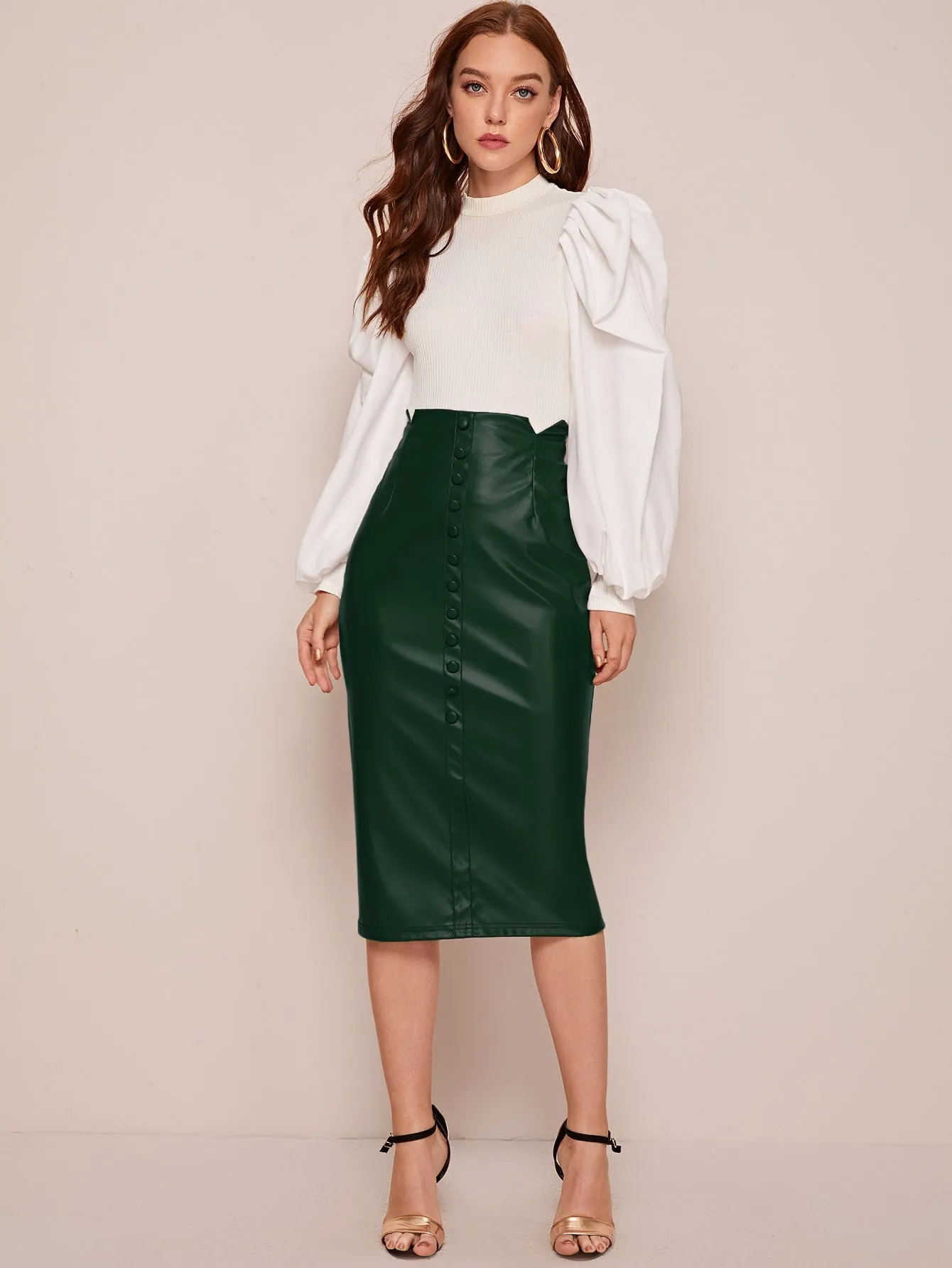 Elegant Plain Button Front High Waist Midi Women Skirts