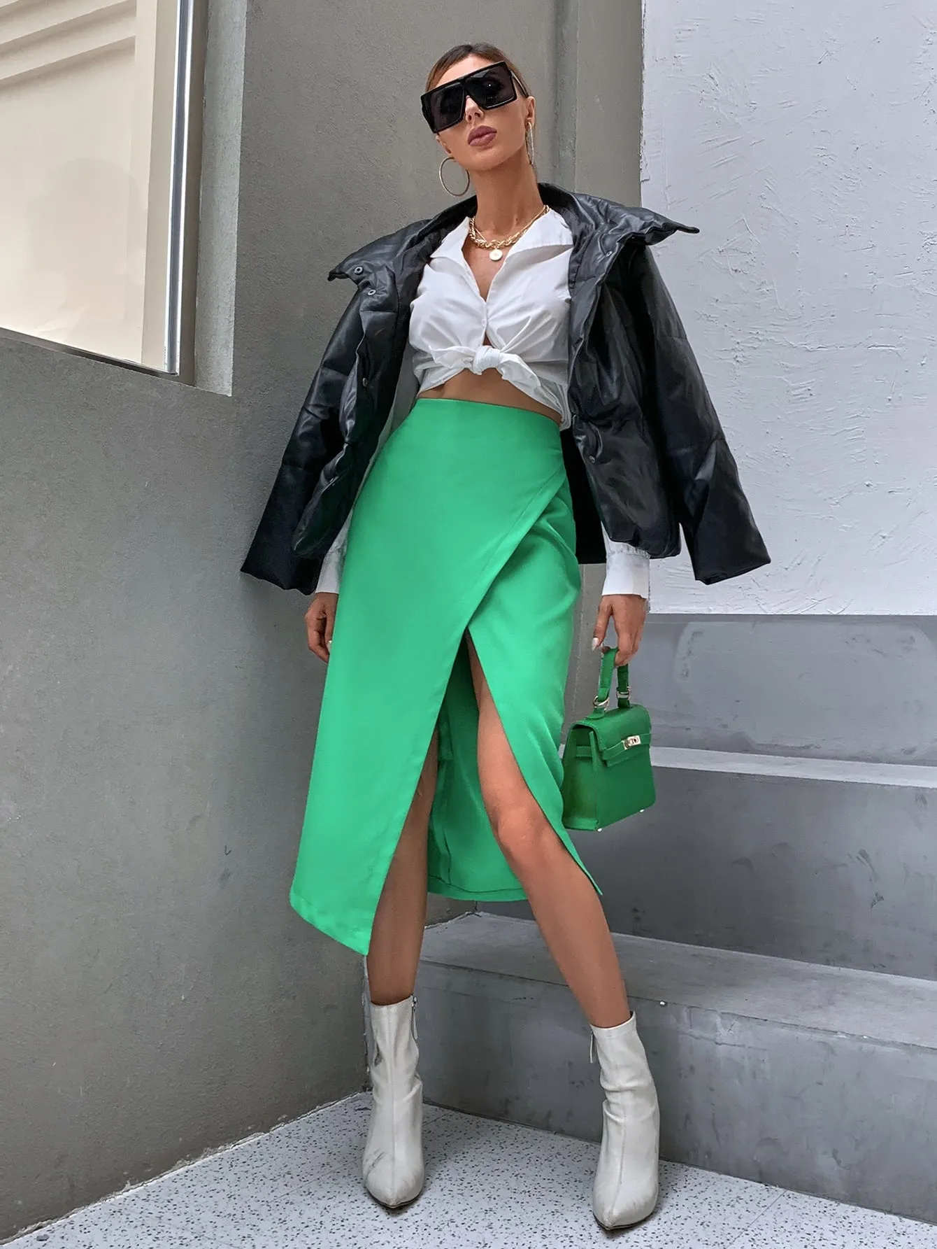 Elegant Plain Wrap Natural Midi Women Skirt