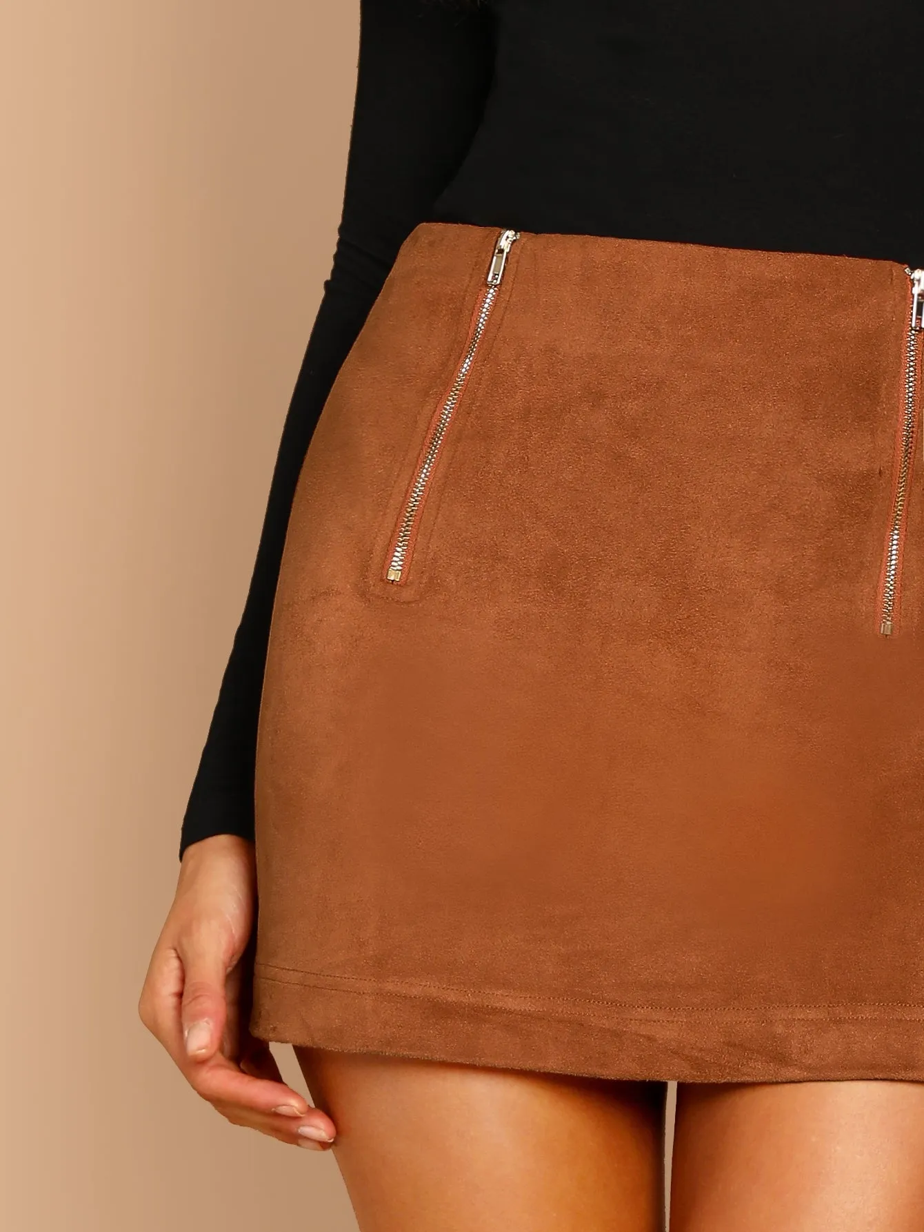 Elegant Plain Zipper Natural Short Women Skirt