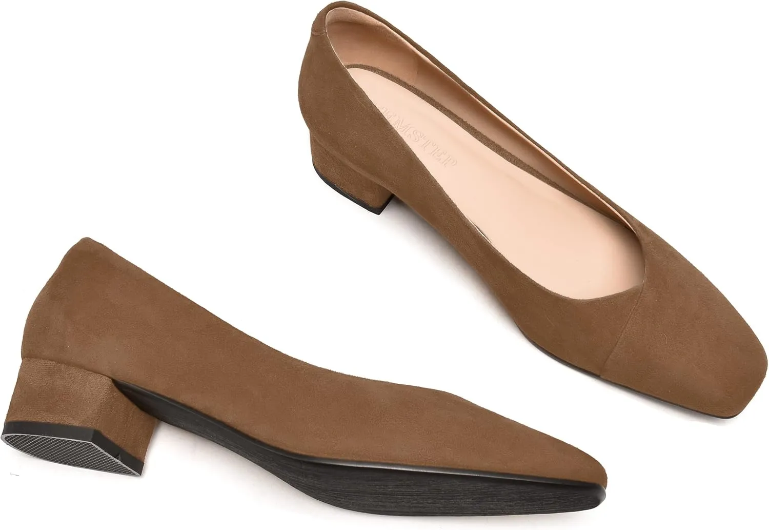 FEMSTEP Womens Suede Leather Formal Slip On Office Square Toe Chunky Low Heel Pumps Shoes 1.5 Inch
