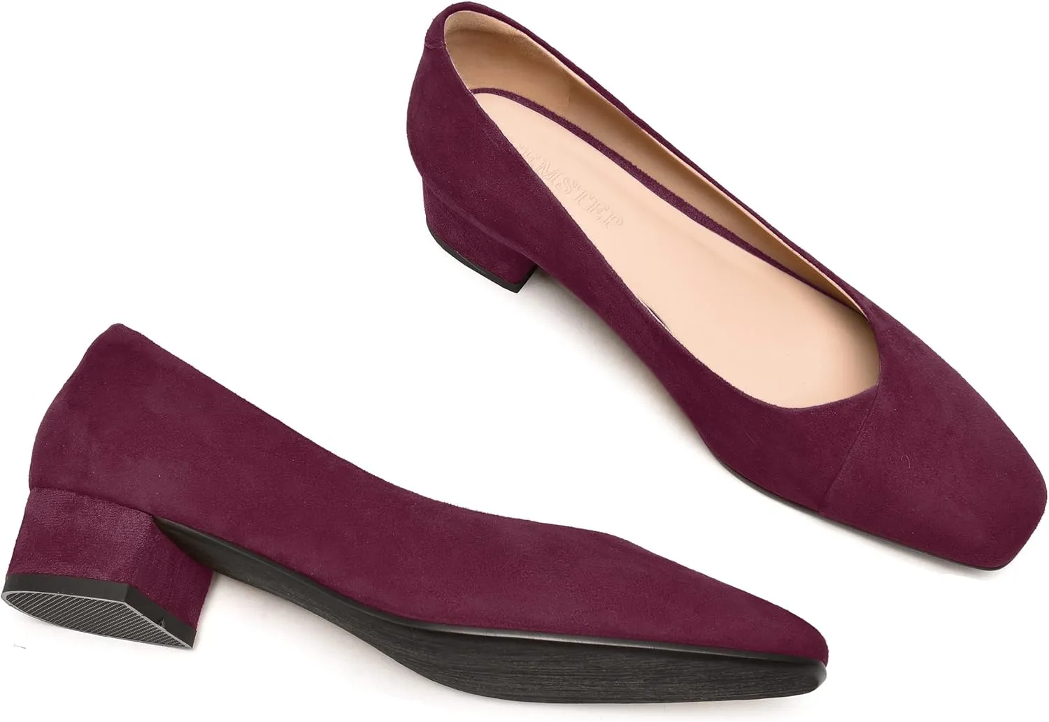 FEMSTEP Womens Suede Leather Formal Slip On Office Square Toe Chunky Low Heel Pumps Shoes 1.5 Inch