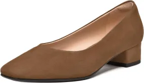 FEMSTEP Womens Suede Leather Formal Slip On Office Square Toe Chunky Low Heel Pumps Shoes 1.5 Inch
