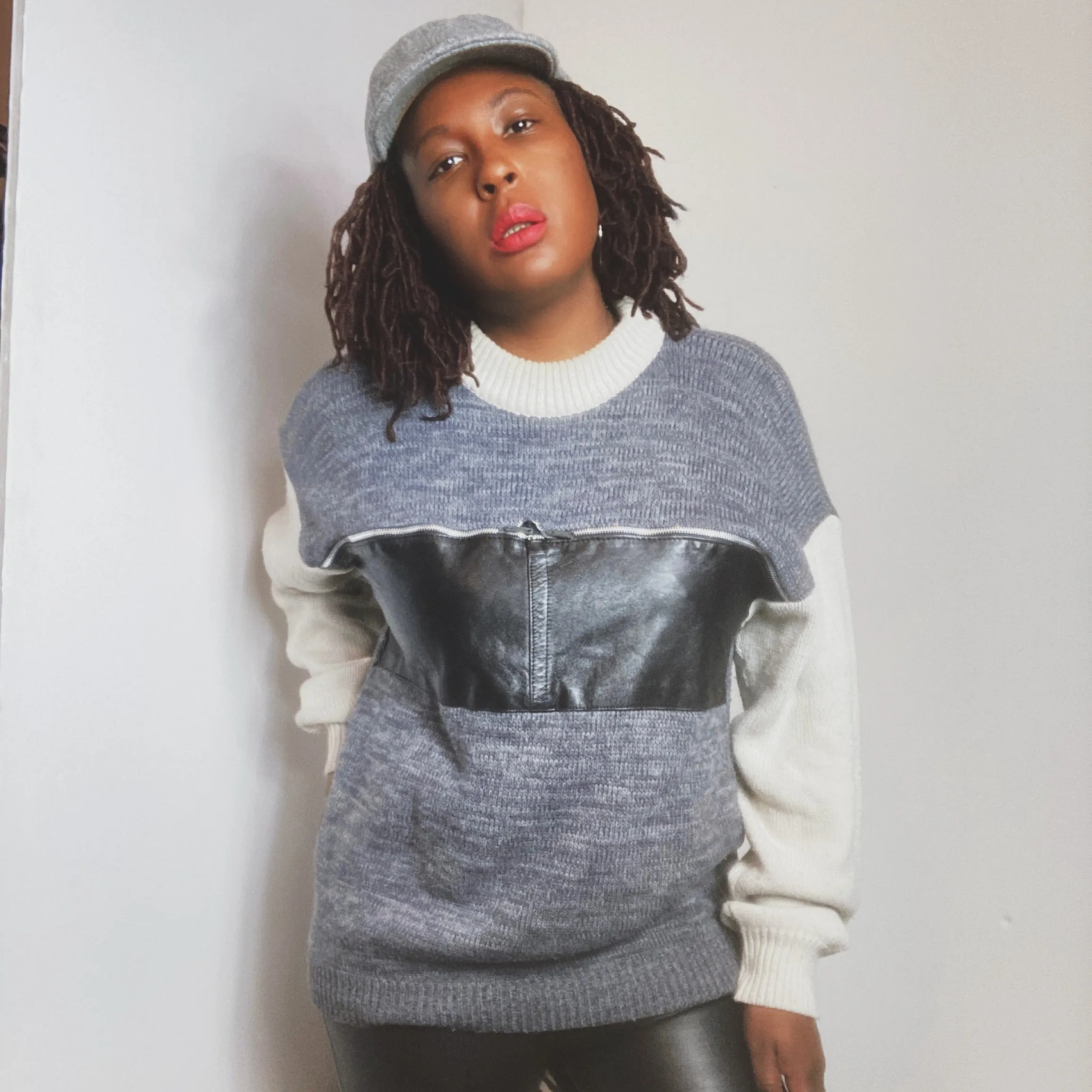 Grandpa Leather Zip Sweater Size M/L