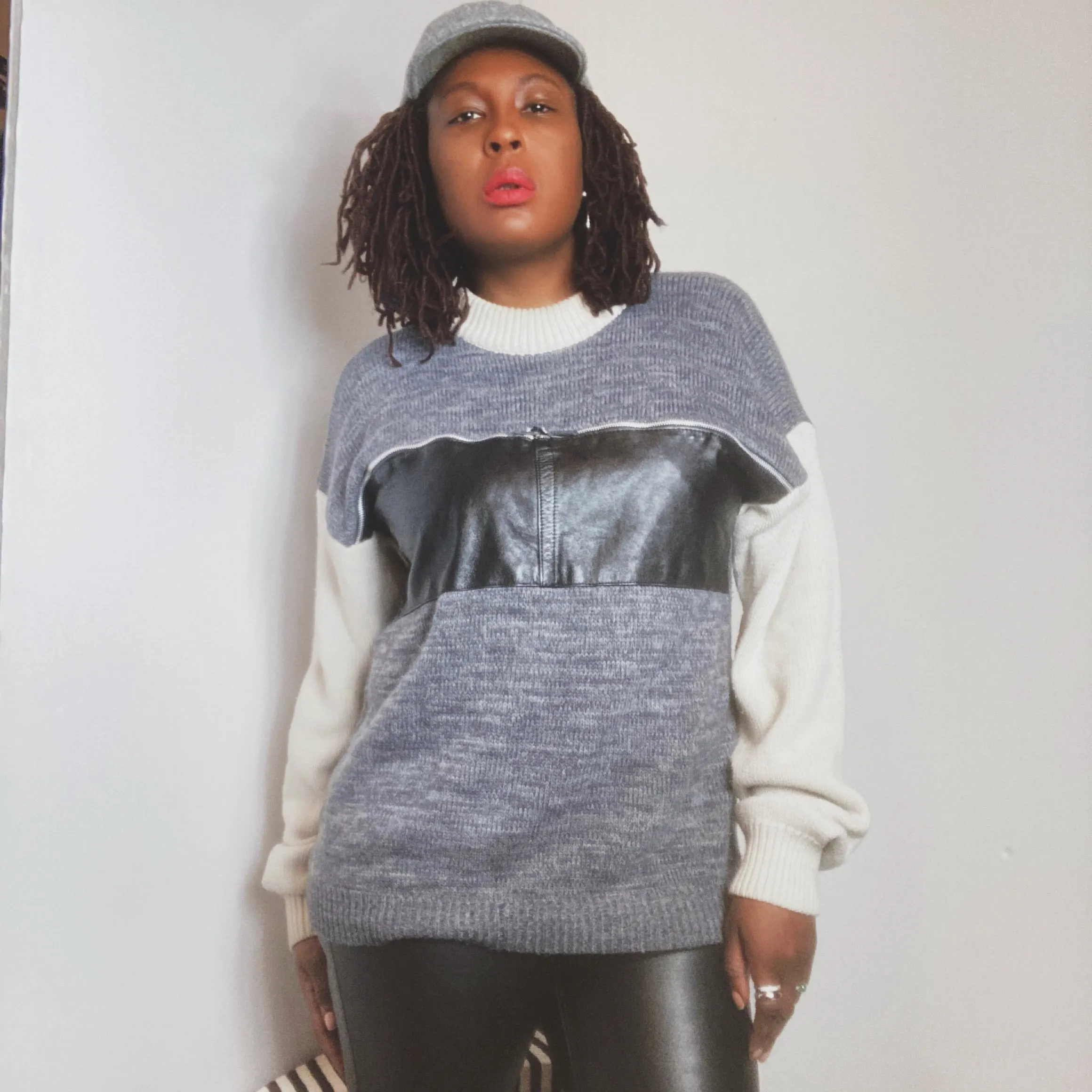 Grandpa Leather Zip Sweater Size M/L