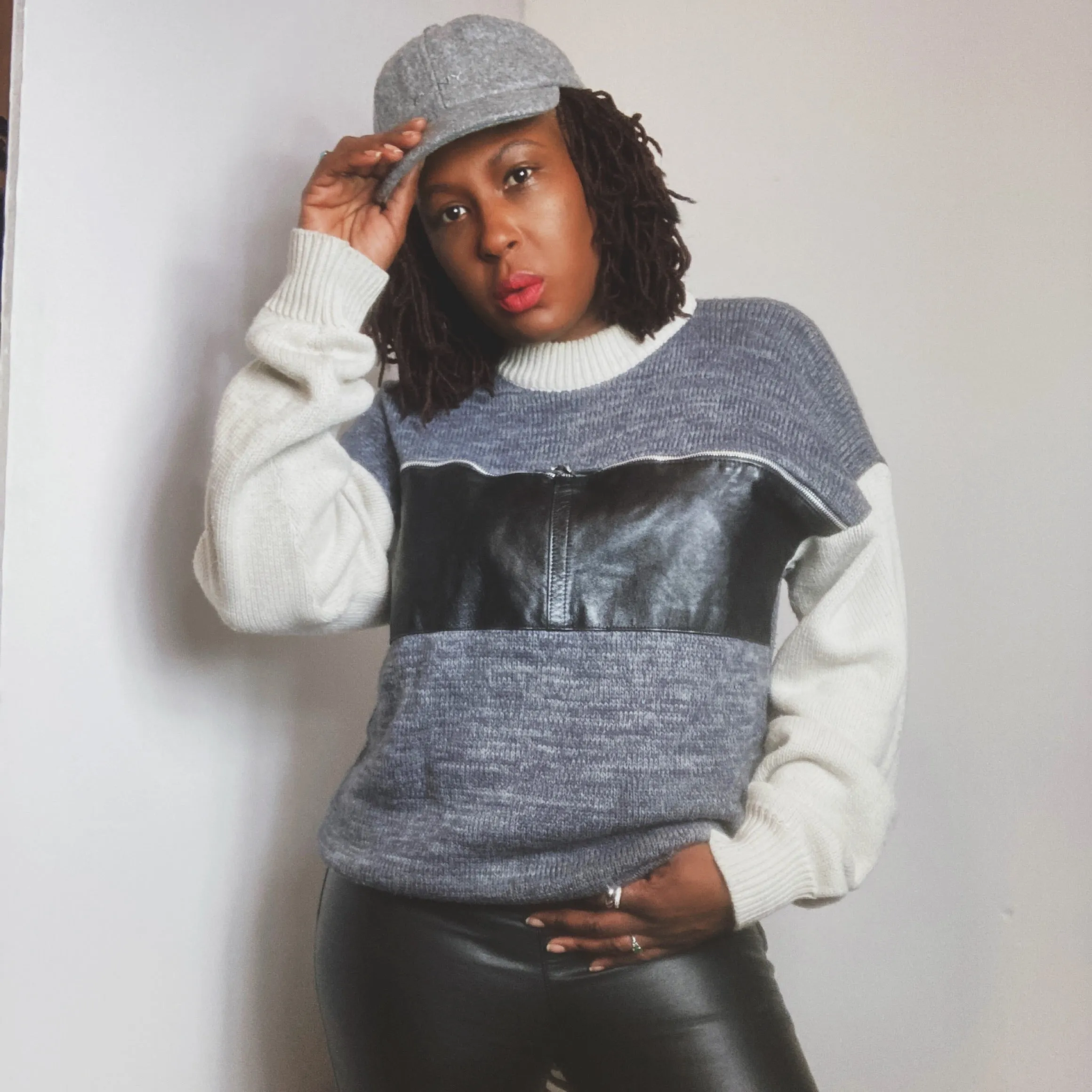Grandpa Leather Zip Sweater Size M/L