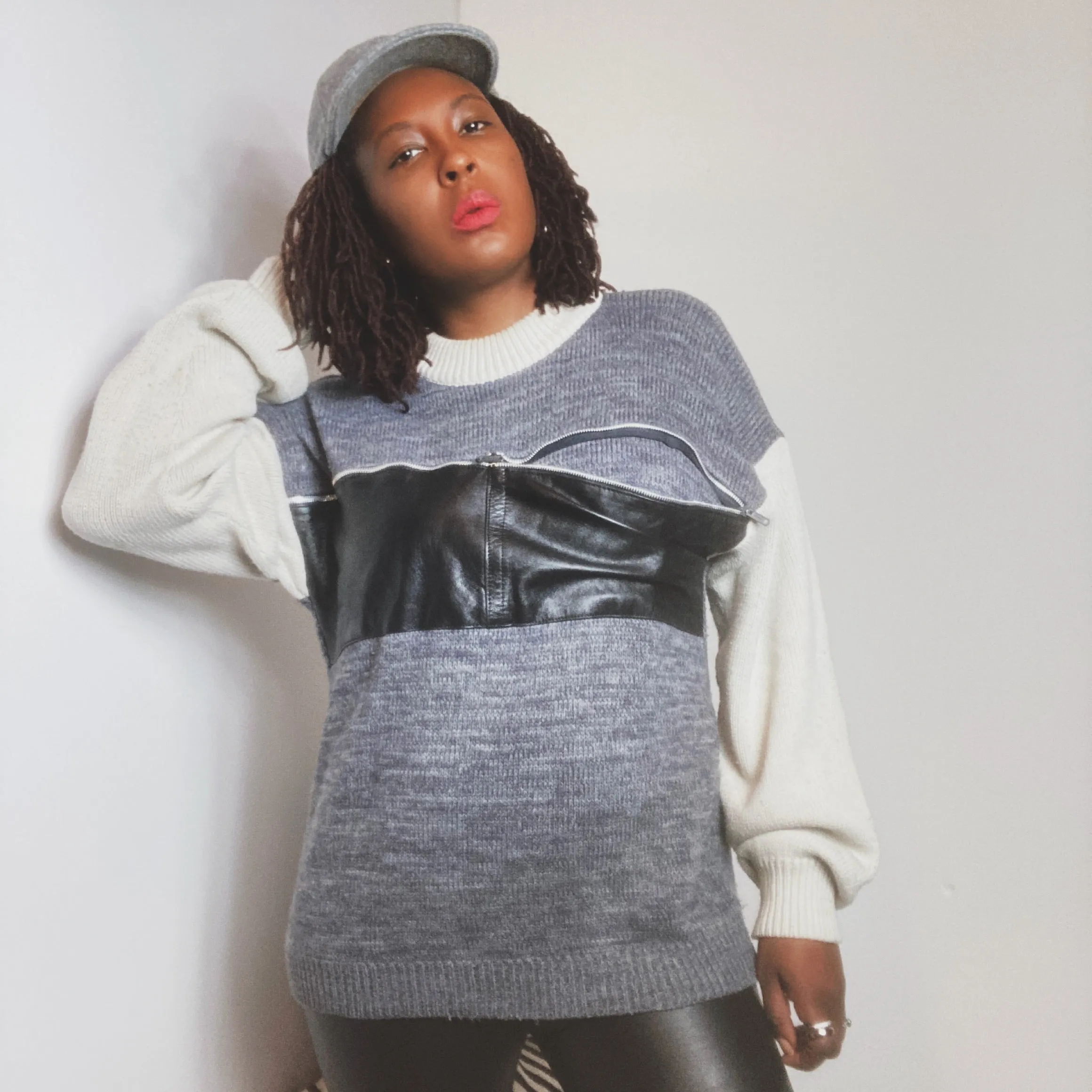 Grandpa Leather Zip Sweater Size M/L