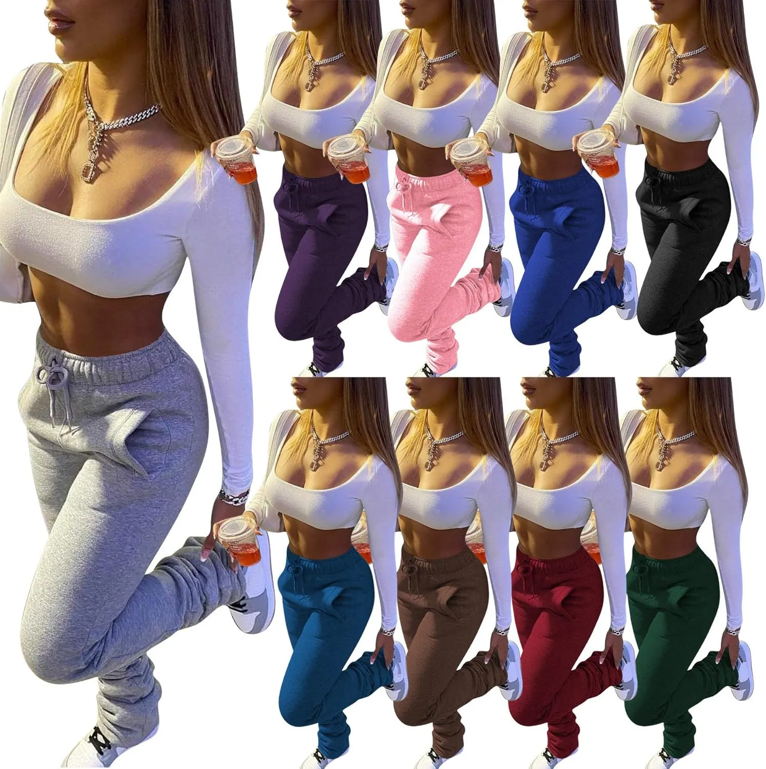 HuiSiFang Women Stacked Pants Fleece Sweatpants Thicked Warm Jogging Casual Ruched Workout Active Jogger Pants