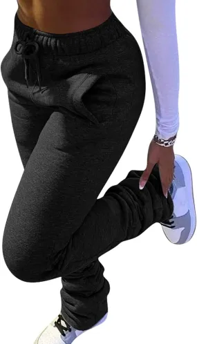 HuiSiFang Women Stacked Pants Fleece Sweatpants Thicked Warm Jogging Casual Ruched Workout Active Jogger Pants