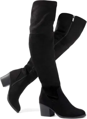 Katliu Women's Knee High Suede Chunky Heel Dressy Over the Knee Side Zipper Winter Long Boots