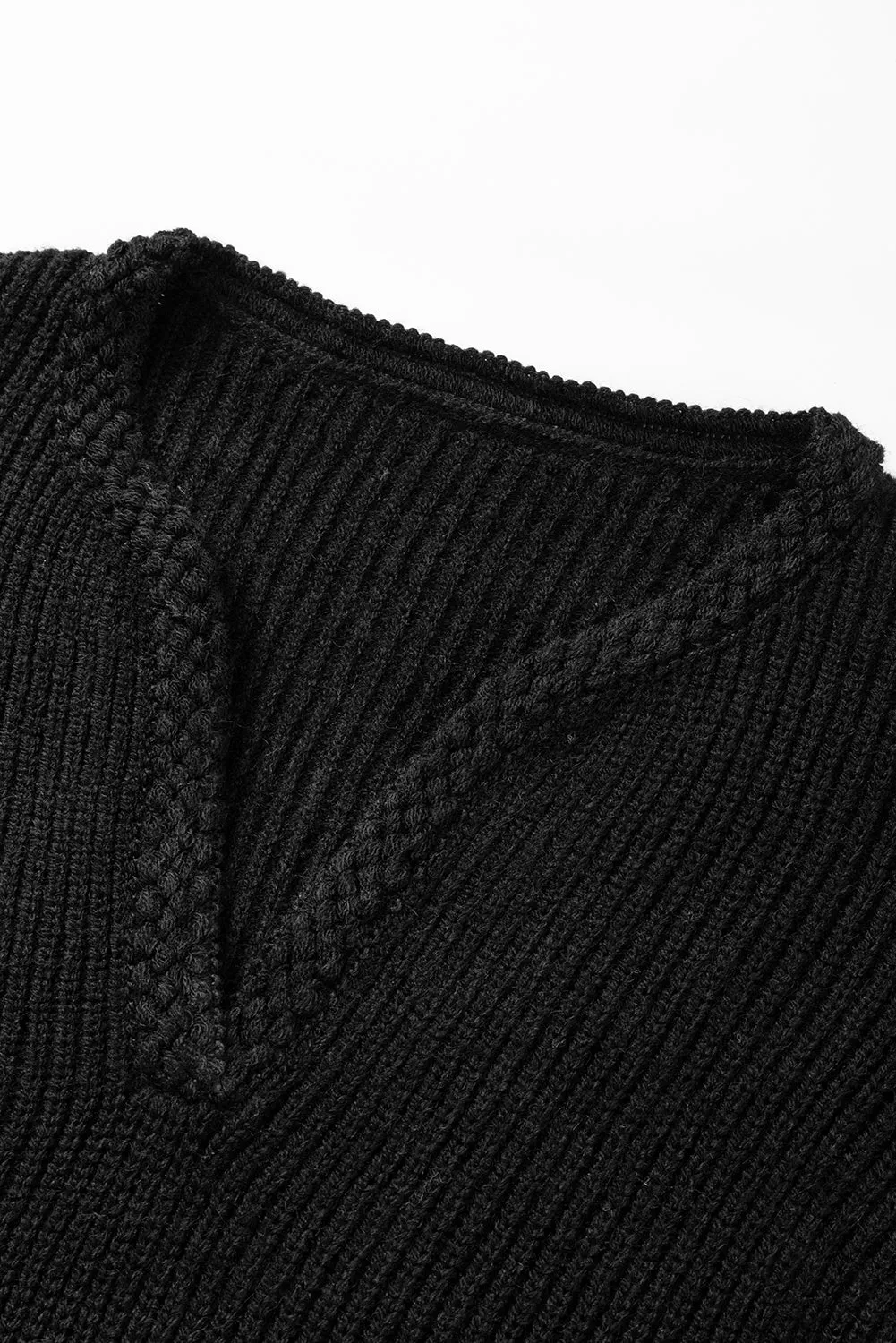 kesley Solid Color black Notched Long Sleeve Sweater