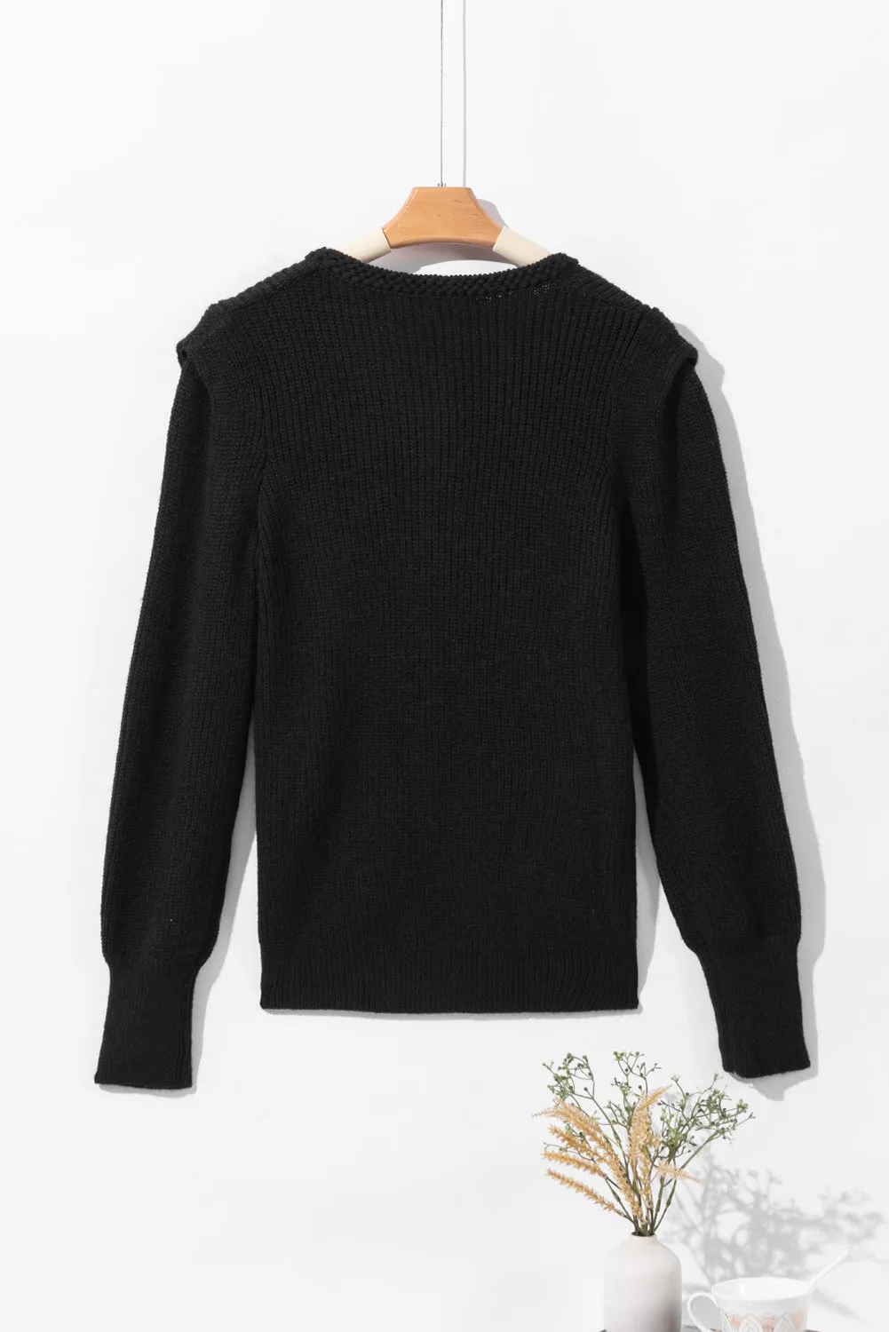 kesley Solid Color black Notched Long Sleeve Sweater