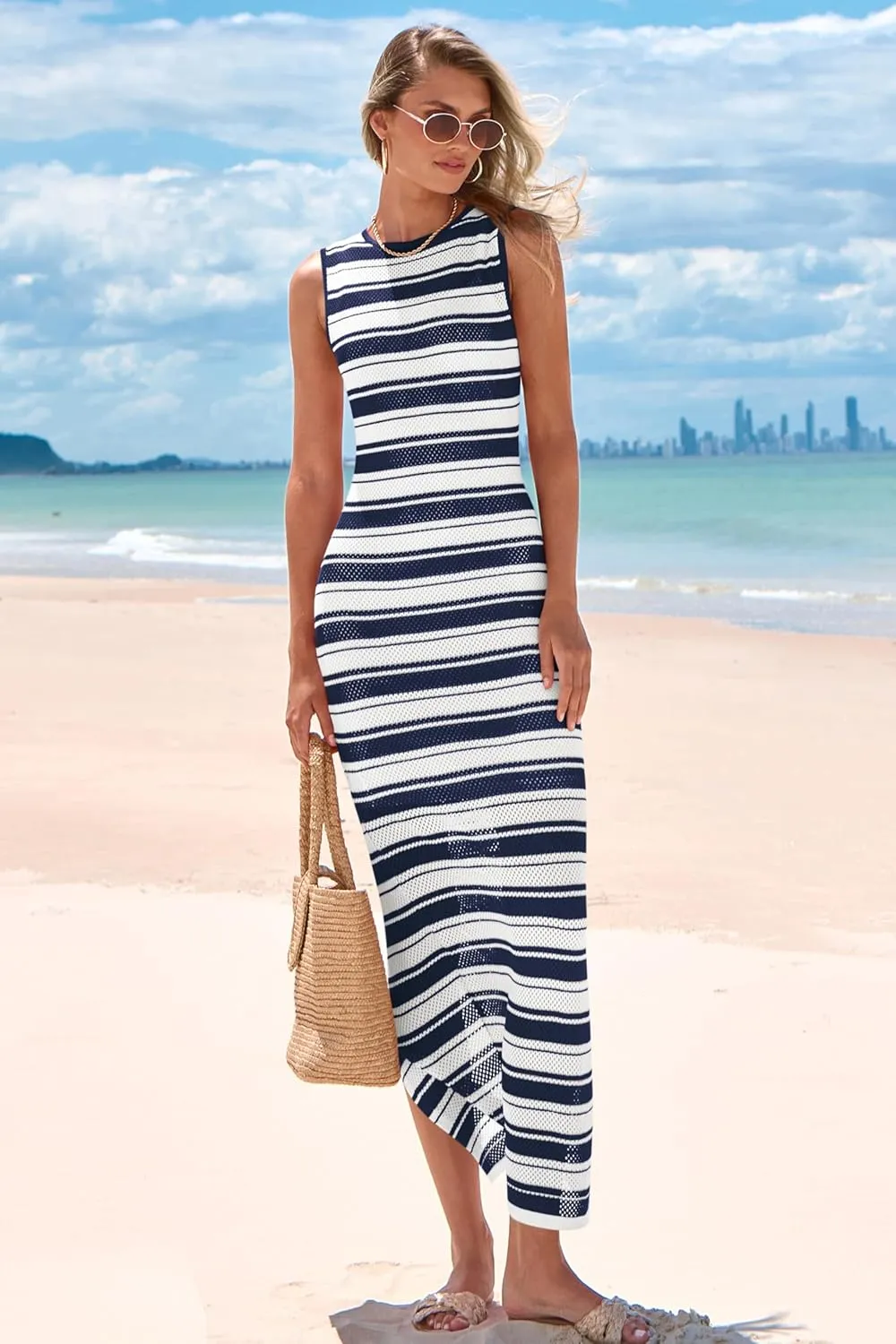 MASCOMODA Womens 2025 Striped Summer Dresses Crochet Swimsuit Coverup Sleeveless Tank Maxi Dress Beach Vacation Long Sundress