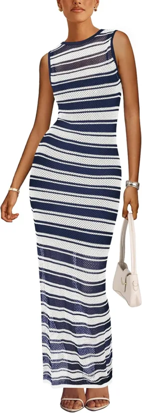 MASCOMODA Womens 2025 Striped Summer Dresses Crochet Swimsuit Coverup Sleeveless Tank Maxi Dress Beach Vacation Long Sundress