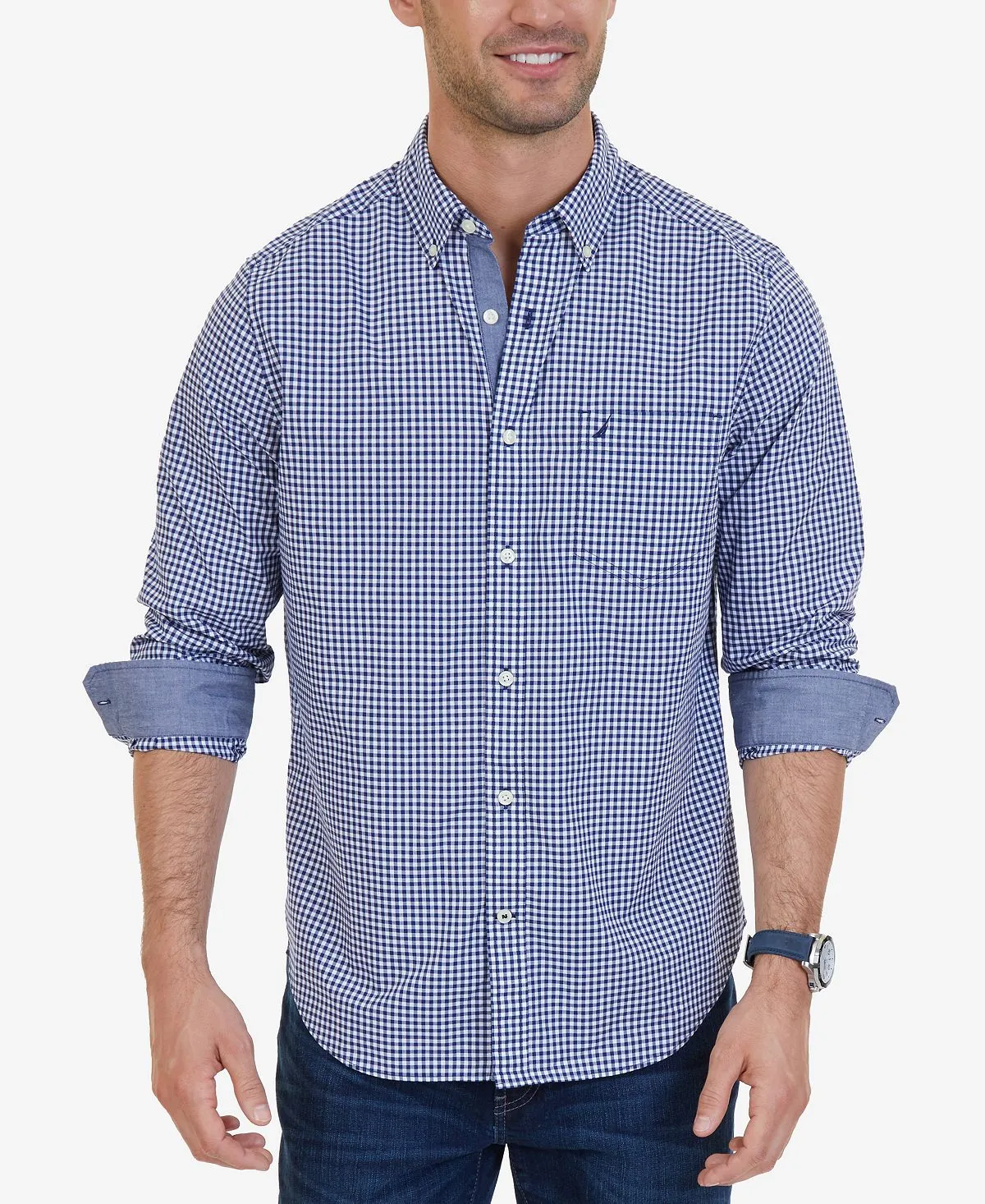 Nautica Men's Checked Poplin Long Sleeve Regular Fit Shirt