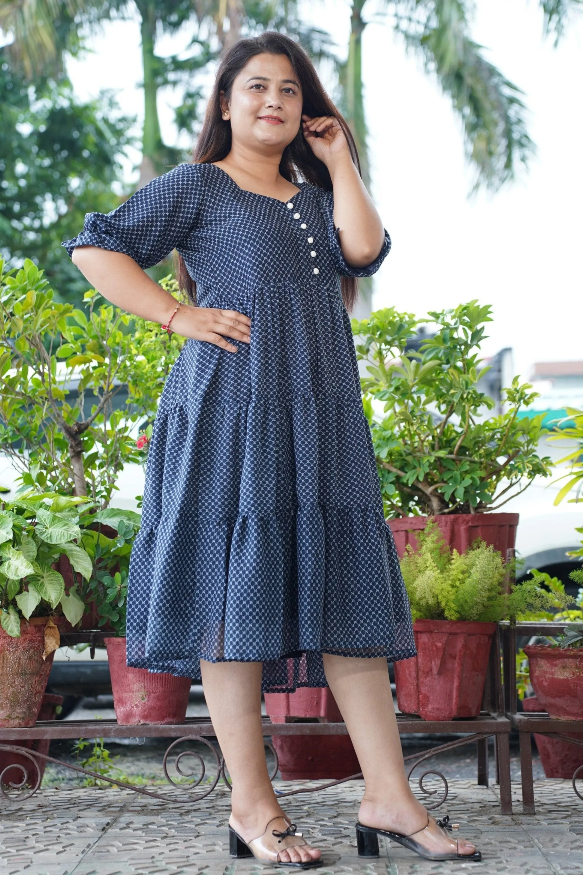 Navy Cascade Tiered Dress