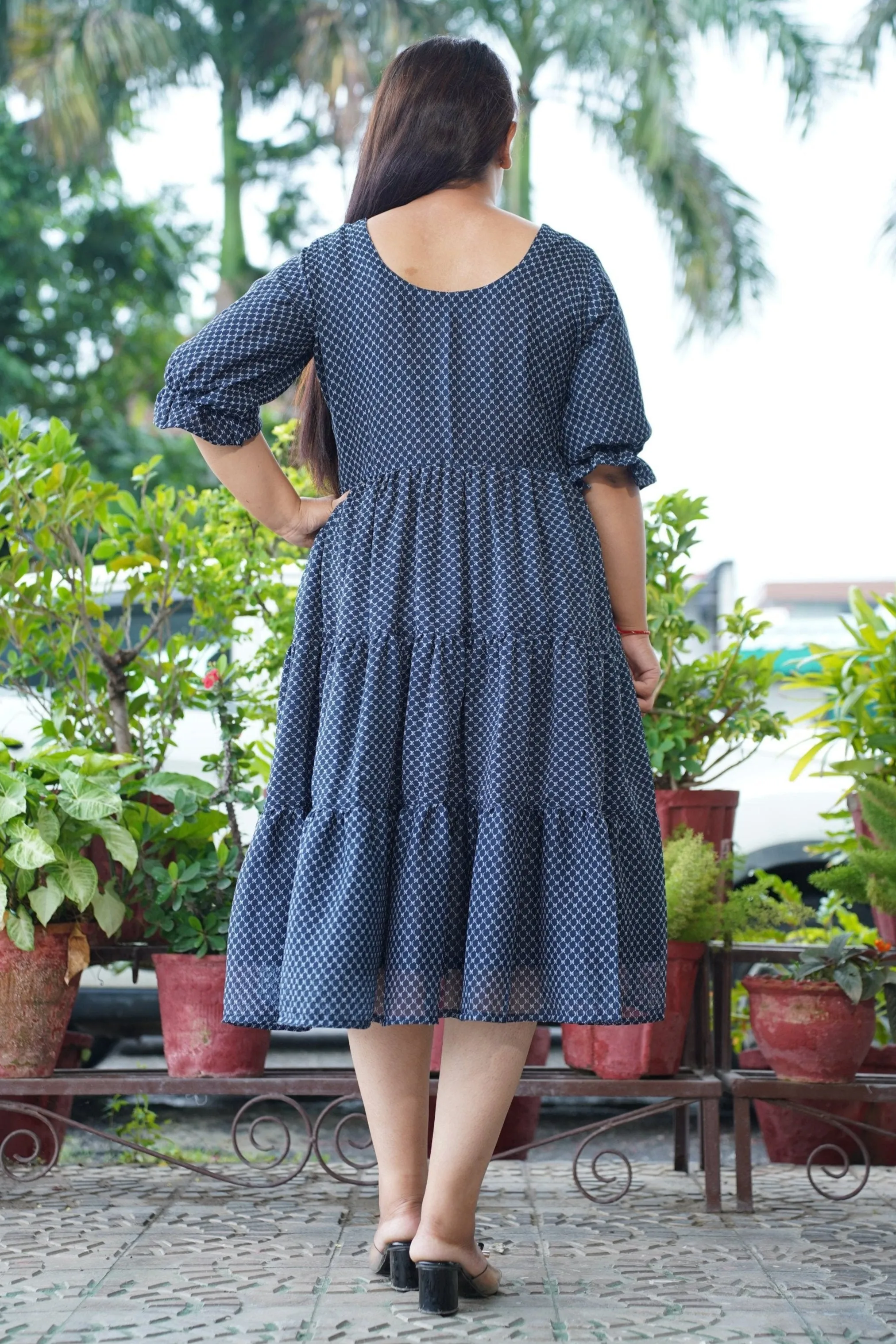 Navy Cascade Tiered Dress