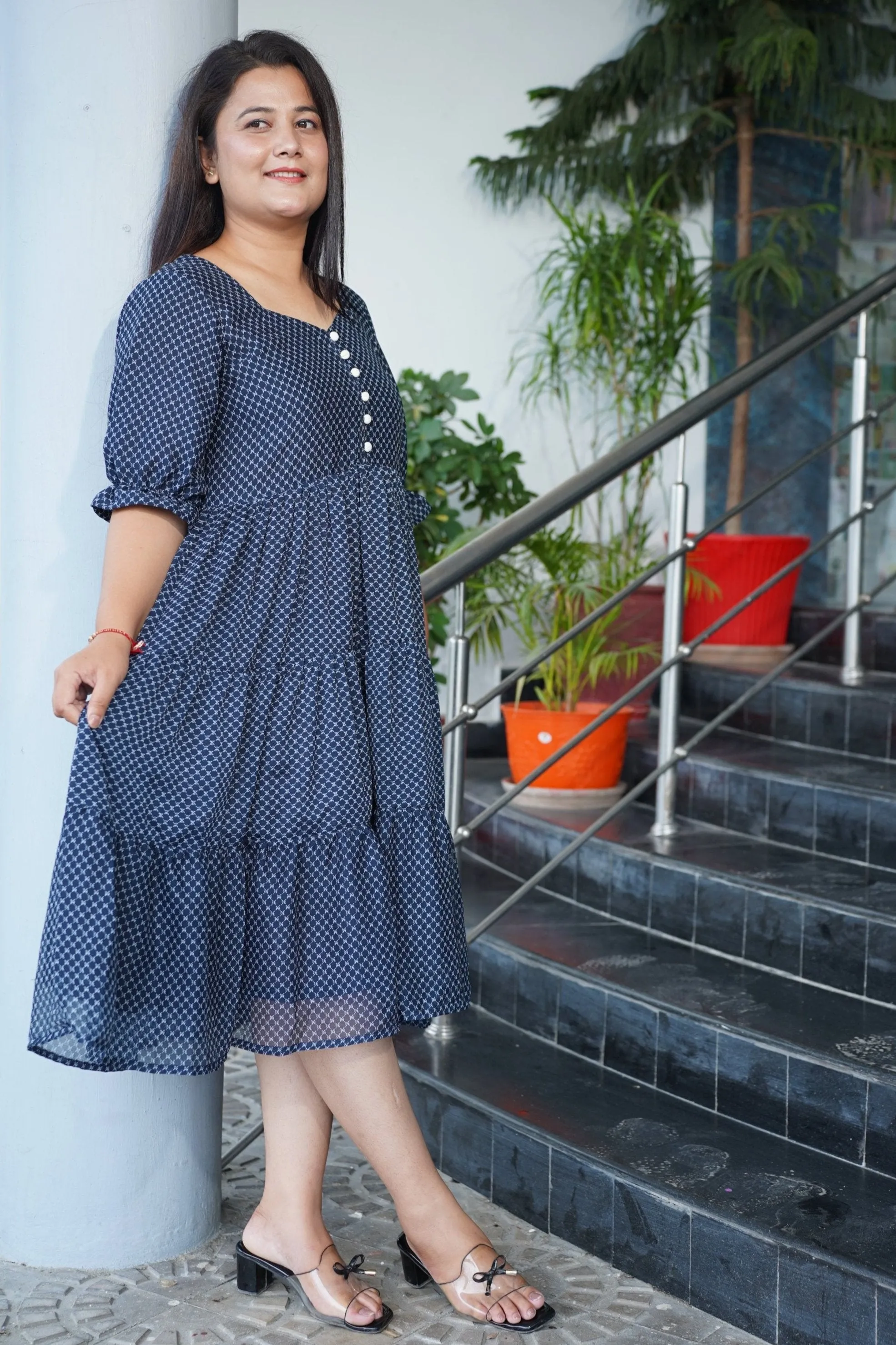Navy Cascade Tiered Dress