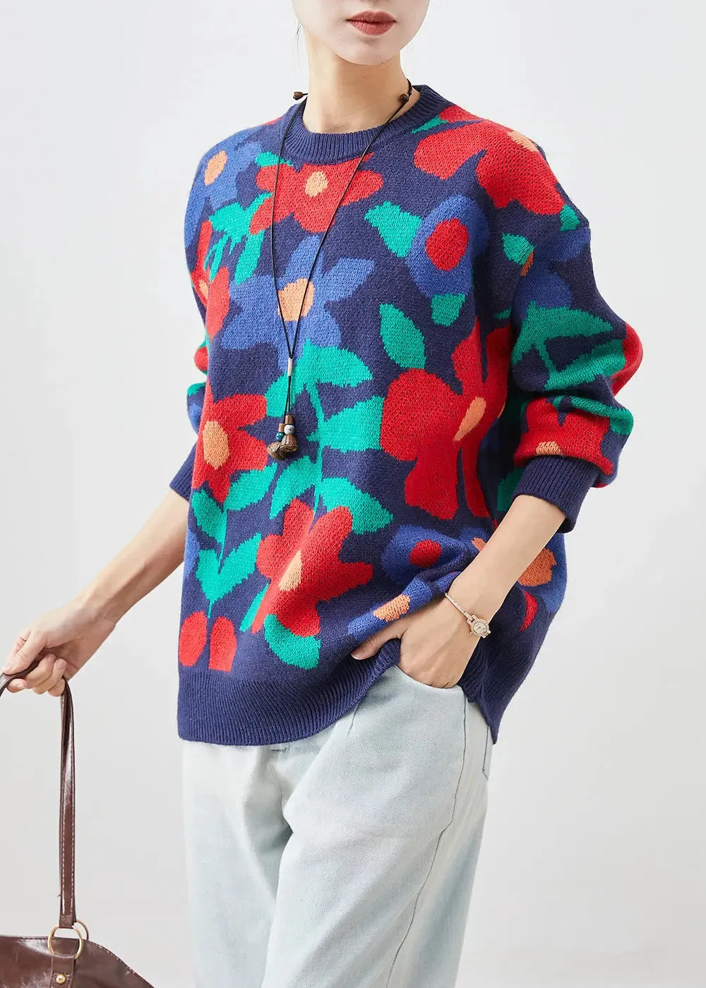 Navy Print Thick Knit Sweaters