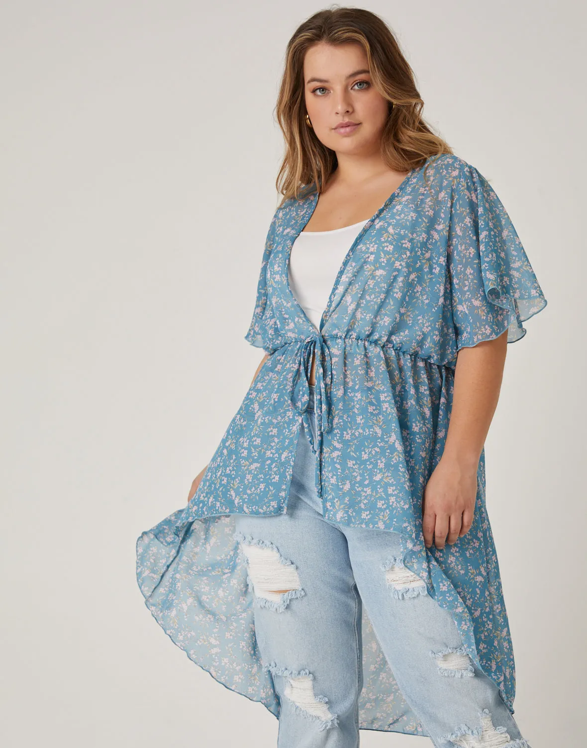 Plus Size Sheer Floral Tie Front Top
