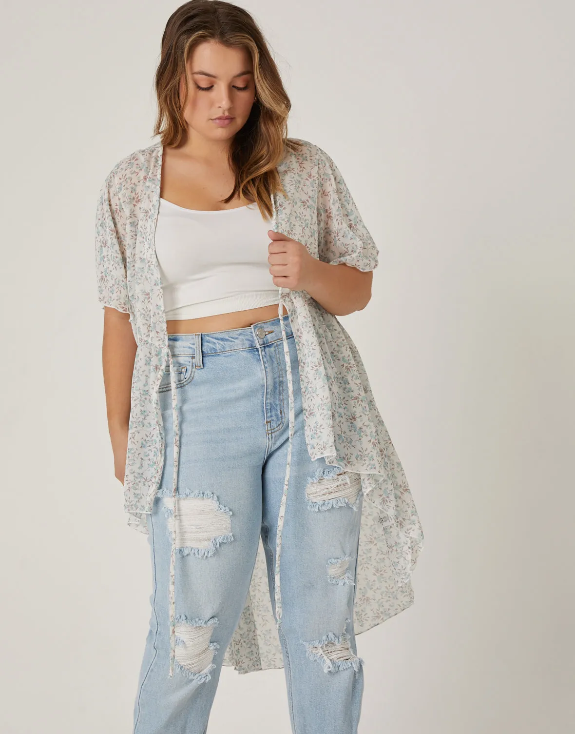 Plus Size Sheer Floral Tie Front Top