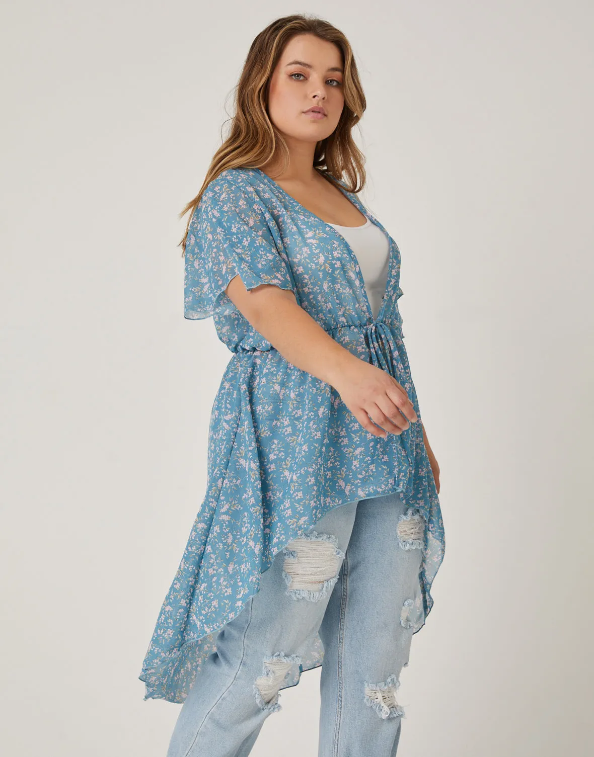 Plus Size Sheer Floral Tie Front Top