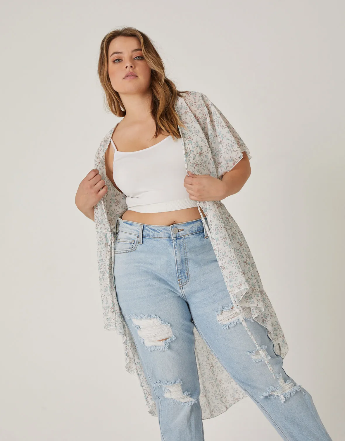 Plus Size Sheer Floral Tie Front Top