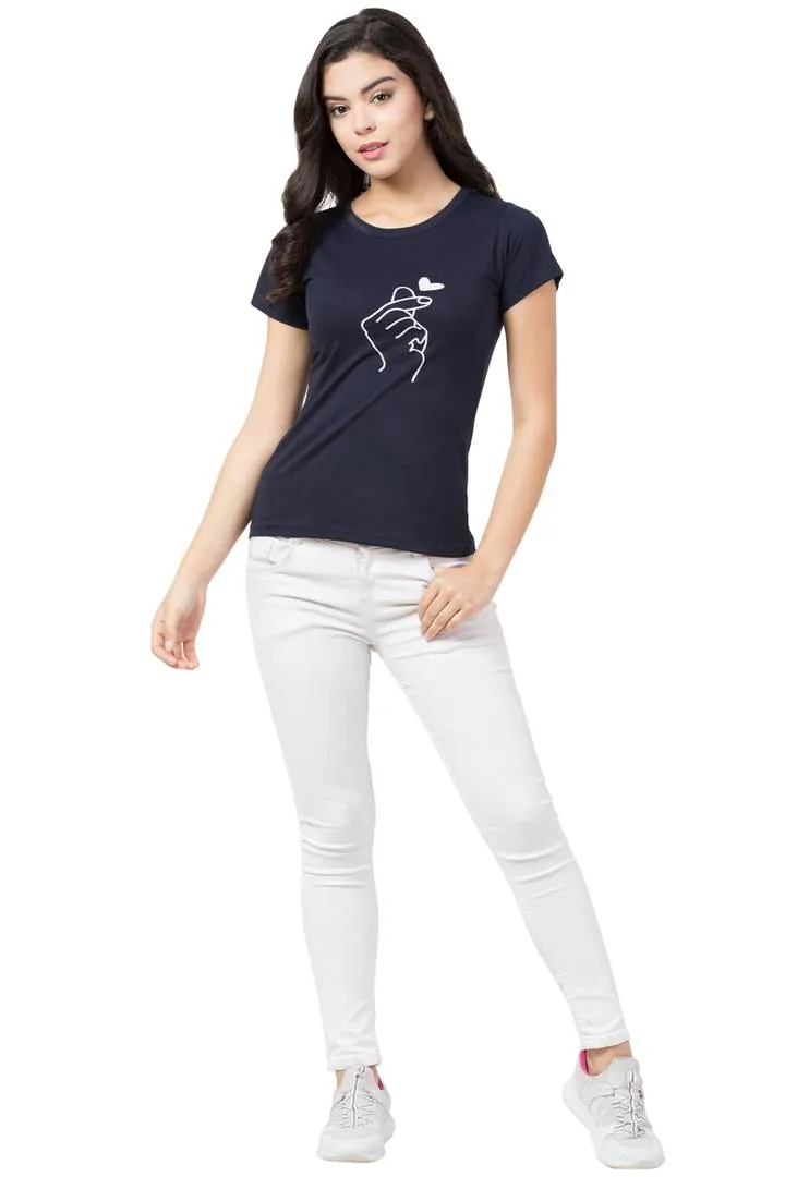 Stylish Blue Cotton Blend Printed T-Shirt For Women