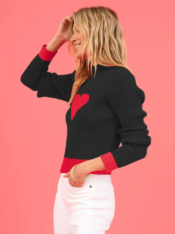 Warm Love-Theme Ribbed Knit Sweater for Fall