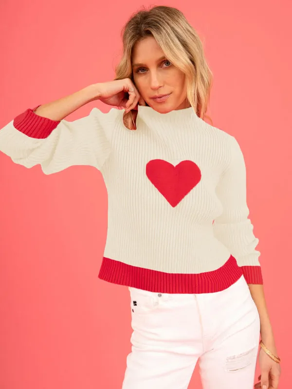 Warm Love-Theme Ribbed Knit Sweater for Fall
