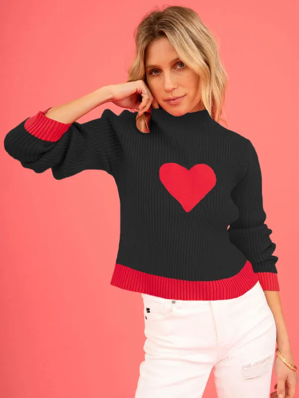 Warm Love-Theme Ribbed Knit Sweater for Fall