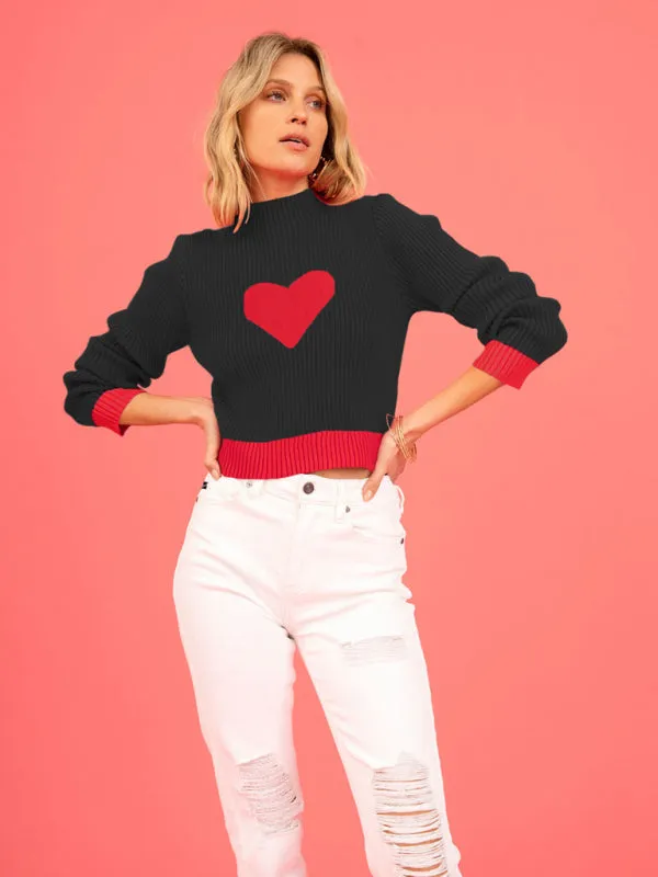 Warm Love-Theme Ribbed Knit Sweater for Fall