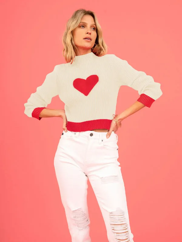 Warm Love-Theme Ribbed Knit Sweater for Fall