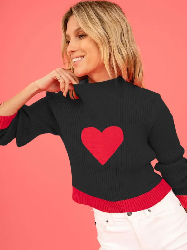 Warm Love-Theme Ribbed Knit Sweater for Fall