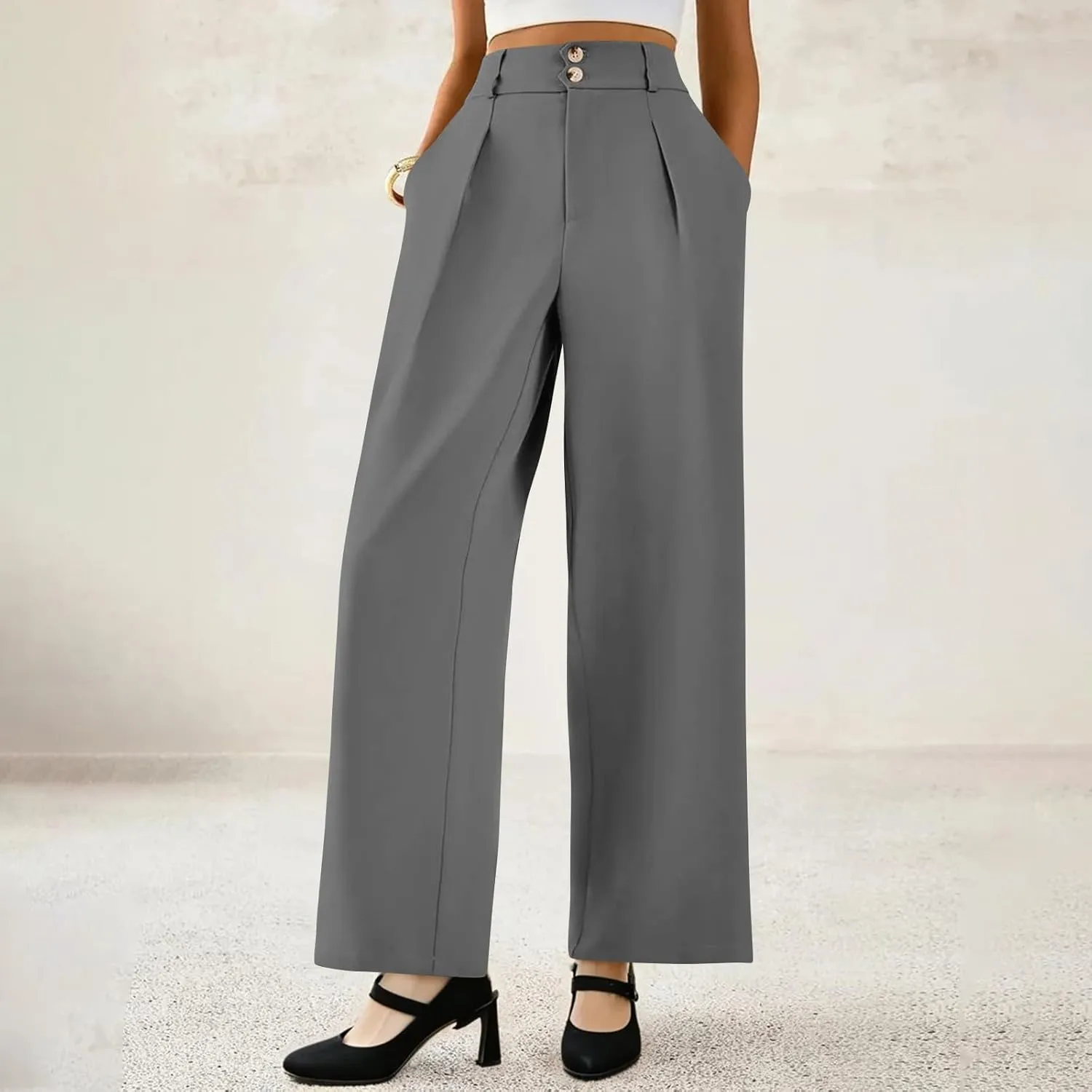 Wide Leg Dress Pants Women Baggy Button High Waisted Palazzo Pants Comfy Flowy Business Casual Slacks with Pockets