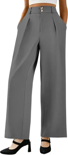 Wide Leg Dress Pants Women Baggy Button High Waisted Palazzo Pants Comfy Flowy Business Casual Slacks with Pockets